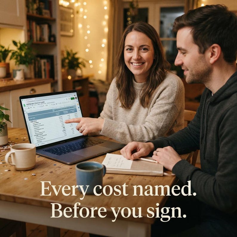 May include: A laptop displaying a spreadsheet on a wooden table with a white ceramic mug, a blue ceramic mug, and a notebook. The text on the image reads: Every cost named. Before you sign. The scene features a laptop screen with financial data.