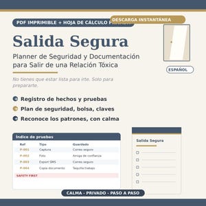 May include: A printable PDF and spreadsheet planner titled Salida Segura, designed for safety and documentation. It includes sections for evidence logs, safety plans, and checklists with text in Spanish, featuring a door icon and organized tables.