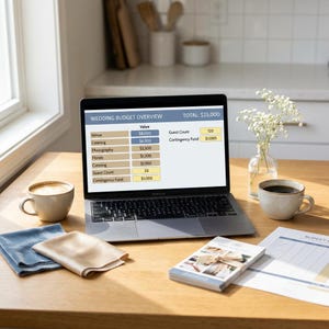 May include: A laptop displaying a Wedding Budget Overview spreadsheet with a $25,000 total, alongside two ceramic mugs, folded fabric swatches, a small stack of printed cards, and a glass vase containing white flowers on a wooden table.