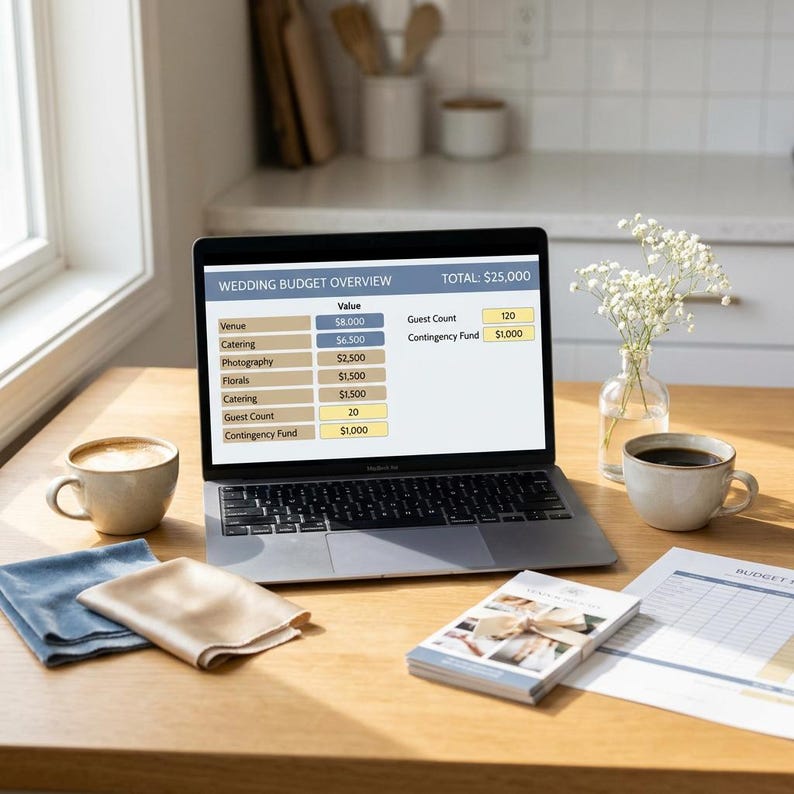 May include: A laptop displaying a Wedding Budget Overview spreadsheet with a $25,000 total, alongside two ceramic mugs, folded fabric swatches, a small stack of printed cards, and a glass vase containing white flowers on a wooden table.