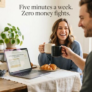 May include: A laptop displaying a wedding budget summary on its screen, positioned on a table next to a plate of croissants and two mugs. The text Five minutes a week. Zero money fights. is printed at the top of the image.