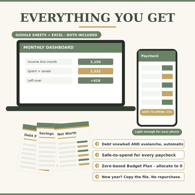 Debt payoff calculator spreadsheet featuring automatic snowball and avalanche ordering methods. Track up to 20 different debts, loans, or credit cards in this Excel and Google Sheets template to visualize your exact path to becoming debt-free.