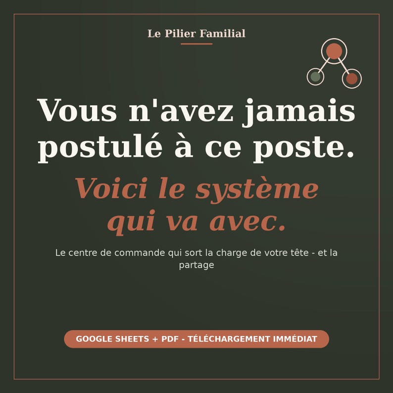 May include: A dark green digital graphic with the text Le Pilier Familial, Vous n'avez jamais postul&eacute; &agrave; ce poste, Voici le syst&egrave;me qui va avec, Le centre de commande qui sort la charge de votre t&ecirc;te - et la partage, and GOOGLE SHEETS + PDF - T&Eacute;L&Eacute;CHARGEMENT IMM&Eacute;DIAT.
