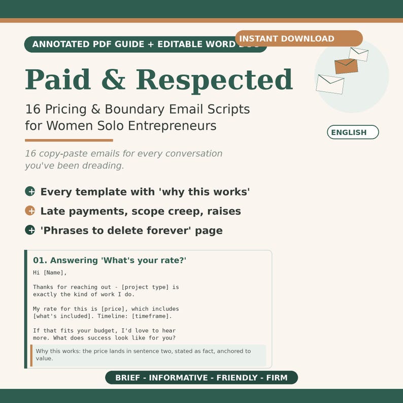 Late payment and overdue invoice email scripts for freelancers. Includes a friendly nudge, a firm second notice, and a final notice with a work pause. Professionally secure your income with fact-based, zero-anger communication templates.