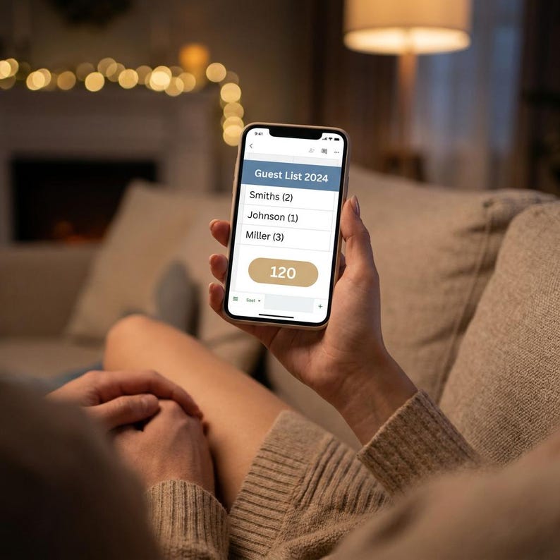 May include: A smartphone displaying a digital guest list titled Guest List 2024. The screen shows entries for Smiths (2), Johnson (1), and Miller (3), with a large tan button at the bottom displaying the number 120 in white text.