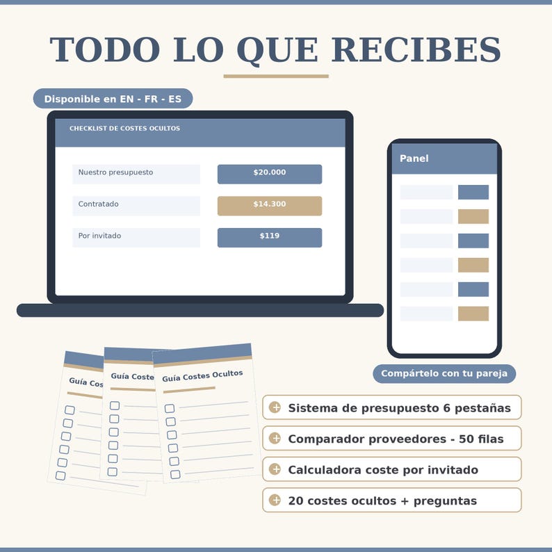 May include: A digital budget planning set featuring a laptop and smartphone display with a checklist of hidden costs, including fields for budget, contracted amounts, and per-guest costs. Includes three printed guides and a list of features.