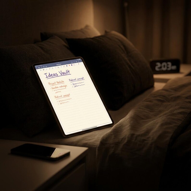 May include: A tablet displaying a digital note titled Ideas Vault with handwritten text including Project Nebula, Garden redesign, and Podcast concept. The screen shows a lined page with a toolbar at the top, positioned upright on a bed.