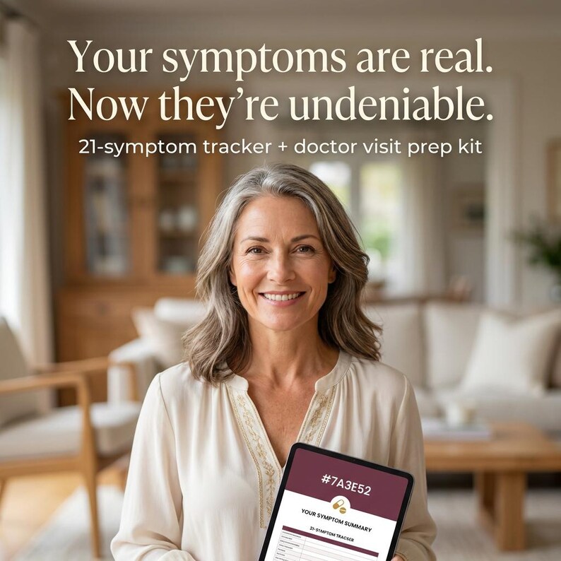 Daily perimenopause symptom log with a 21-symptom dropdown menu including hot flashes, brain fog, and joint pain. Track severity from 1 to 5 in just ten seconds a day. A digital health tracker template that turns vague complaints into undeniable data.