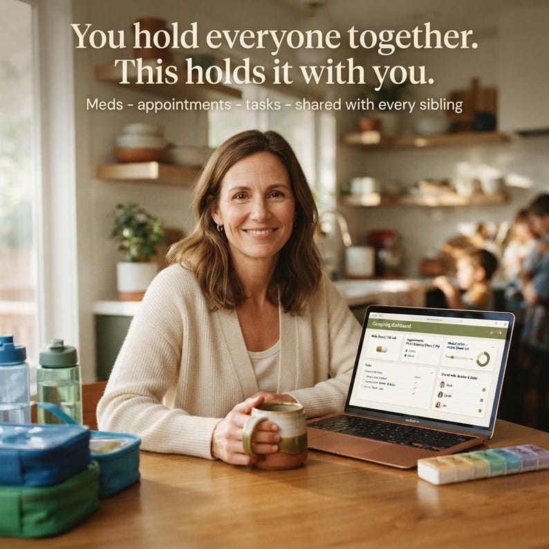 Elderly caregiver planner spreadsheet for Google Sheets and family coordination PDF guide. A complete digital toolkit to manage eldercare, track medications, and share caregiving tasks among siblings. Instant digital download to reduce mental load.