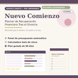 May include: A digital financial recovery planner titled Nuevo Comienzo, featuring a budget dashboard, debt snowball calculator, and 90-day plan. The layout includes a spreadsheet interface and a checklist, presented in a palette of cream, purple, and green.