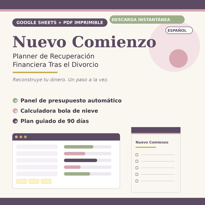 May include: A digital financial recovery planner titled Nuevo Comienzo, featuring a budget dashboard, debt snowball calculator, and 90-day plan. The layout includes a spreadsheet interface and a checklist, presented in a palette of cream, purple, and green.
