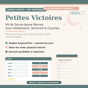 May include: A digital tracking template for Google Sheets and printable PDF titled Petites Victoires. It includes sections for tracking feeds, sleep, and diapers, with a daily summary tab, night tracking, and a printable daily log in teal and peach.