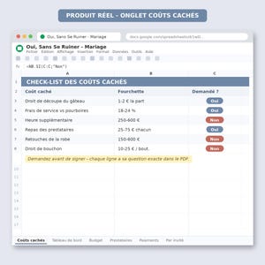 May include: A digital spreadsheet titled Oui, Sans Se Ruiner - Mariage, featuring a checklist of hidden costs for weddings. The table includes columns for cost items, price ranges in euros, and status buttons labeled Oui or Non in blue and red.