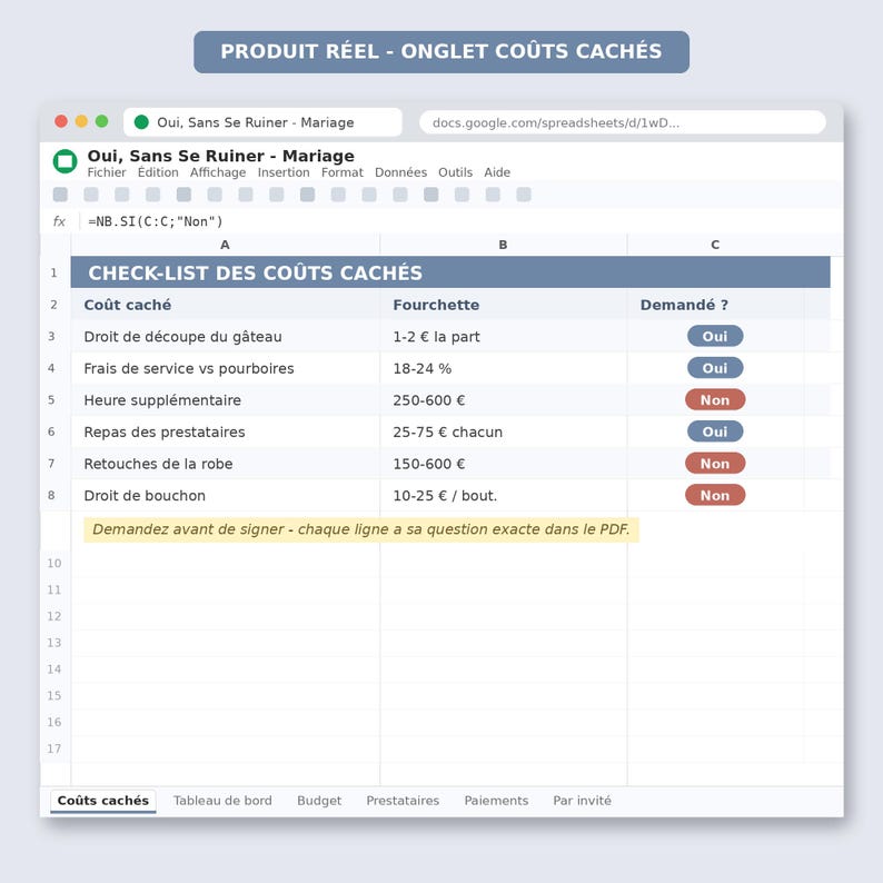 May include: A digital spreadsheet titled Oui, Sans Se Ruiner - Mariage, featuring a checklist of hidden costs for weddings. The table includes columns for cost items, price ranges in euros, and status buttons labeled Oui or Non in blue and red.