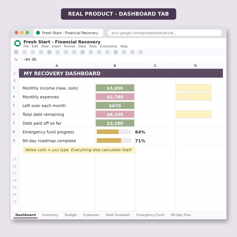 Post-divorce financial inventory tracker spreadsheet. Organize joint and solo accounts, assets, debts, and subscriptions. Includes built-in action dropdowns to safely track what to close, transfer, or remove an ex-partner from during financial separation.
