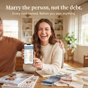 May include: A smartphone displaying a wedding budget spreadsheet with the text Marry the person, not the debt. Every cost named. Before you sign anything. The screen shows itemized costs for venue, catering, and attire with a total of $45,700.