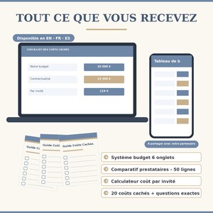 May include: A digital budget planning set featuring a laptop and smartphone display with financial tables, three checklists labeled Guide Co&ucirc;ts Cach&eacute;s, and four text boxes detailing a 6-tab budget system, 50-line vendor comparison, cost calculator, and 20 hidden costs.