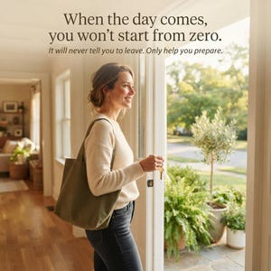 May include: A person wearing a cream-colored long-sleeve sweater and dark jeans, carrying an olive green tote bag and holding a gold key. The text reads: When the day comes, you won't start from zero. It will never tell you to leave. Only help you prepare.
