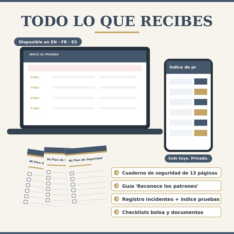 May include: A digital product overview featuring a laptop and smartphone displaying an index of tests, alongside three document icons labeled Mi Plan de Seguridad. Text includes TODO LO QUE RECIBES, Disponible en EN - FR - ES, and lists of included items.