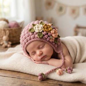 May include: A dusty pink crochet baby bonnet featuring a textured bobble stitch pattern. The bonnet is adorned with a cluster of crocheted flowers in cream, mustard yellow, and peach, accented with green leaves and small beads on braided ties.