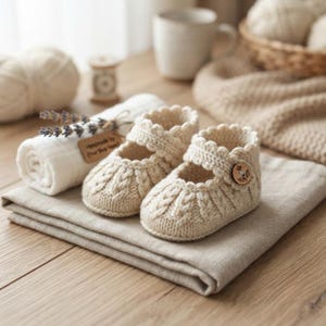 Könnte beinhalten: Ein Paar cremefarbene, gestrickte Babyschuhe mit Zopfmuster, einem gewellten Rand am Knöchelriemen und einem einzelnen runden Holzknopf an der Seite jedes Schuhs. Die Schuhe sind in einem strukturierten Strickdesign gefertigt.