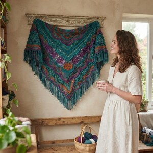 Boho Floral Crochet Triangular Wrap – Colorful Artisan Lace Scarf – Digital PDF Pattern