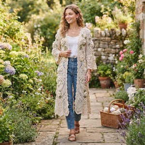 May include: A long, cream-colored crochet duster cardigan featuring intricate floral motifs and openwork patterns, worn over a plain white top and blue denim jeans. The garment has long sleeves and an open front design with detailed lace-like textures.