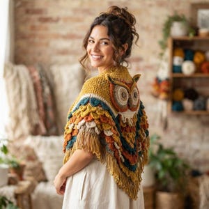 May include: A triangular crochet shawl featuring a large owl motif on the back with prominent circular eyes made of brown and cream yarn. The shawl is crafted with layered, scale-like stitches in mustard yellow, teal, and burnt orange, finished with fringe.