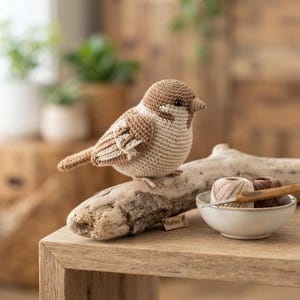 Ręcznie robiona na szydełku figurka wróbla – realistyczny ptak amigurumi – wzór do dekoracji domu inspirowany naturą