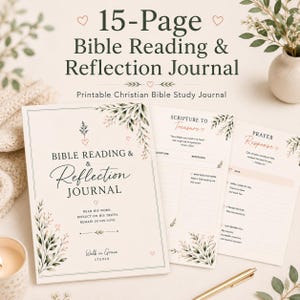May include: A 15-page Bible Reading & Reflection Journal with a cream-colored cover featuring dark green botanical illustrations, small pink hearts, and the text "Bible Reading & Reflection Journal." Includes interior pages for scripture and prayer.