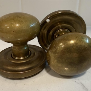 Pair of Antique Solid Brass Bun Door Knobs, Unlacquered Patina