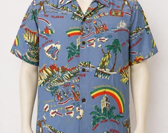 Vtg Kamehameha Hawaiian Shirt Large History of the Islands Aloha Tower Rayon Blue