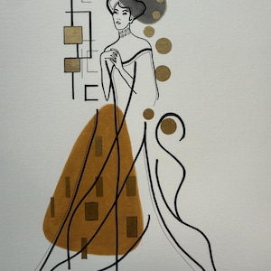 May include: A line art illustration featuring a figure in a long gown with black ink outlines, a large mustard-colored shape, gold-colored geometric accents, and a gray circular wash. The artist signature Gilleque is visible in the bottom right corner.
