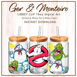 May include: Three clear 16oz Libbey glass cups with bamboo lids and glass straws. The cups feature digital art prints of Ghostbusters characters including the Stay Puft Marshmallow Man, Slimer, and the iconic ghost logo with a red circle and line.