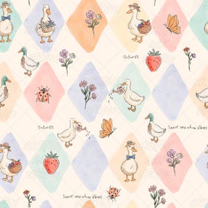 Watercolor Duck Seamless Pattern, Cottagecore Garden Argyle Digital Paper, Cute Duckling Seamless PNG for Nursery, Commercial Use