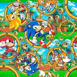 May include: A repeating pattern featuring Sonic the Hedgehog, Tails, and Knuckles characters in various poses, each framed by a golden ring. The background displays a green landscape with palm trees, checkered platforms, and floating gold rings.
