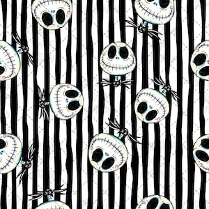 Pode incluir: Um padrão repetitivo com cabeças de caveira brancas com grandes órbitas oculares pretas, bocas costuradas e pequenas gravatas-borboleta pretas, sobre um fundo de listras verticais pretas em uma superfície branca com grade diagonal.