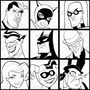 Pode incluir: Uma grade de nove ilustrações de arte linear em preto e branco com retratos estilizados de personagens de quadrinhos, incluindo Duas-Caras, Mulher-Gato, Sr. Frio, Coringa, Batman, Charada, Hera Venenosa, Arlequina e Pinguim.