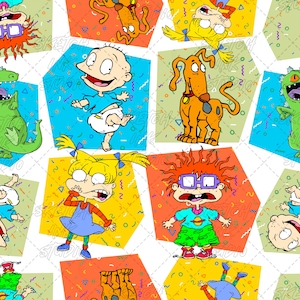 May include: A repeating pattern fabric featuring Rugrats characters including Tommy Pickles, Chuckie Finster, Angelica Pickles, and Spike the dog. The design includes colorful geometric shapes in orange, yellow, and blue with confetti accents.