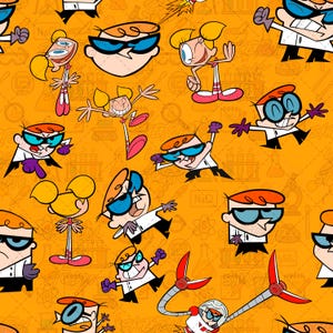 May include: A repeating pattern on an orange background featuring cartoon characters Dexter and Dee Dee from Dexter's Laboratory. The design includes various poses of the characters, including Dexter in a lab coat and Dee Dee with blonde pigtails.