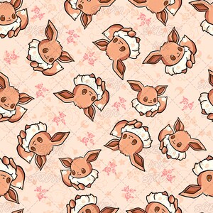 Pode incluir: Um padrão repetitivo num fundo pêssego claro com várias personagens Eevee castanhas e creme em várias orientações. O design inclui pequenas ilustrações de rosas cor-de-rosa e uma ténue grelha diagonal sobreposta na imagem.