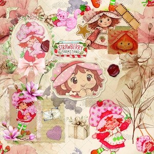 Pode incluir: Uma colagem digital com personagens da Strawberry Shortcake, um gato rosa, uma estrela, uma tira de filme, um selo de cera vermelho, um presente e elementos florais. O texto Strawberry Farmstand é visível em uma placa no fundo.