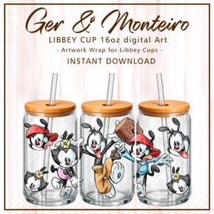 Könnte beinhalten: Drei klare Libbey-Gläser mit Bambusdeckeln und Glasstrohhalmen, verziert mit digitaler Kunst von Zeichentrickfiguren. Der Text lautet: Ger & Monteiro, LIBBEY CUP 16oz digital Art, Artwork Wrap for Libbey Cups, INSTANT DOWNLOAD.