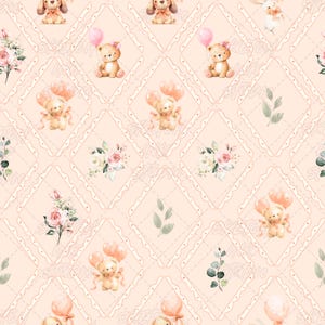 Pode incluir: Um padrão repetitivo sobre um fundo cor de pêssego claro com molduras em forma de diamante e bordas recortadas. O design inclui ilustrações em aquarela de ursinhos de pelúcia com balões cor-de-rosa, ramos de rosas rosas e brancas e folhas verdes.