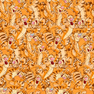 Pode incluir: Um padrão repetitivo com o Tigrão do Ursinho Pooh num fundo laranja vibrante. O design apresenta múltiplas ilustrações da personagem tigre com riscas laranjas e pretas em várias poses lúdicas, incluindo a saltar e a rir.