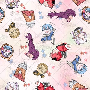 Puede incluir: Un patrón continuo con varios personajes de anime estilo chibi, incluyendo figuras con cabello azul, rojo y cascos con cuernos, intercalados con pequeñas flores, estrellas y espejos circulares sobre un fondo rosa claro con el texto Sketch Ink Studio.