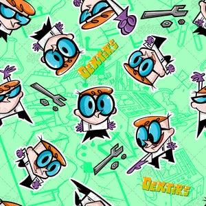 May include: A repeating pattern on a light green background featuring the cartoon character Dexter with orange hair, large blue glasses, and a white lab coat. The design includes silver wrenches, small nuts, and the yellow text DEXTER'S.