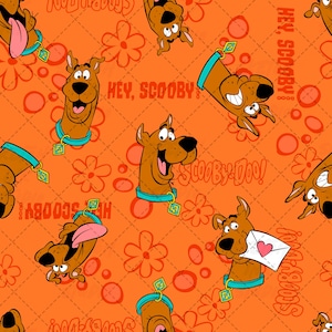 May include: An orange fabric pattern featuring repeating illustrations of the brown dog Scooby-Doo wearing a teal collar with a tag. The design includes orange flower outlines, circles, and the repeated text "HEY, SCOOBY!" and "SCOOBY-DOO!" in orange.