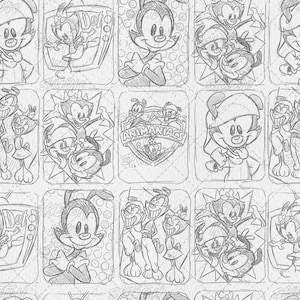 Peut inclure: Un motif répétitif de croquis au crayon noir et blanc représentant les personnages Yakko, Wakko et Dot des Animaniacs. Le design inclut diverses poses, un écusson avec le texte Animaniacs et des cadres avec des fonds à pois.