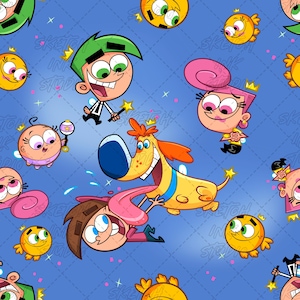 May include: A seamless pattern on a blue background featuring cartoon characters from The Fairly OddParents, including Cosmo, Wanda, Poof, and Sparky the dog, interspersed with small yellow crowns and stars, with a faint watermark text overlay.